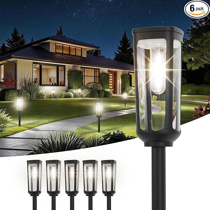 JEJOT Solar Pathway Lights Outdoor Waterproof IP65, 6 Pack Cool White Solar Walkway Lights, Auto On/Off Outdoor Light for Lawn Garden Patio Driveway Decor Landscape Lighting