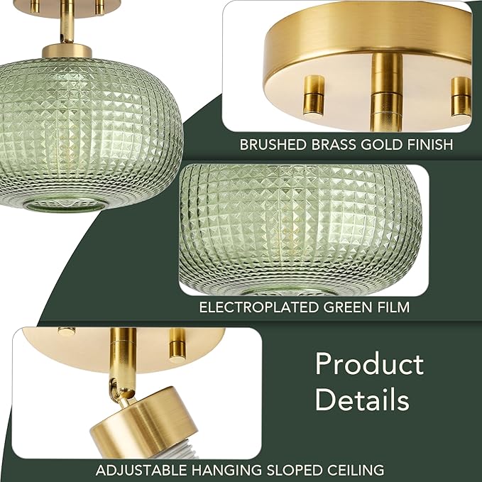 Modern Semi Flush Mount Ceiling Light, Vintage Green Glass Shade with Adjustable Hanging Gold Sloped Ceiling Lights Fixtures for Hallway Entryway Kitchen Bedroom Laundry Room,1-Light,9.84 Inch