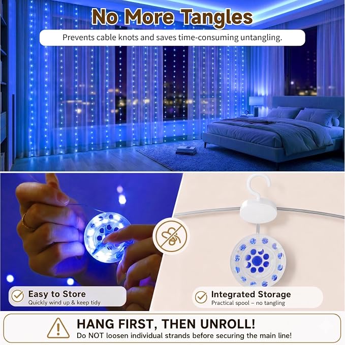 HXWEIYE 300LED Untangled Curtain Lights, 9.8x9.8Ft USB Fairy Twinkle String Lights with Remote and DIY Timer, 8 Modes Window Wall Hanging Light for Bedroom Dorm Backdrop Room Decor, Blue