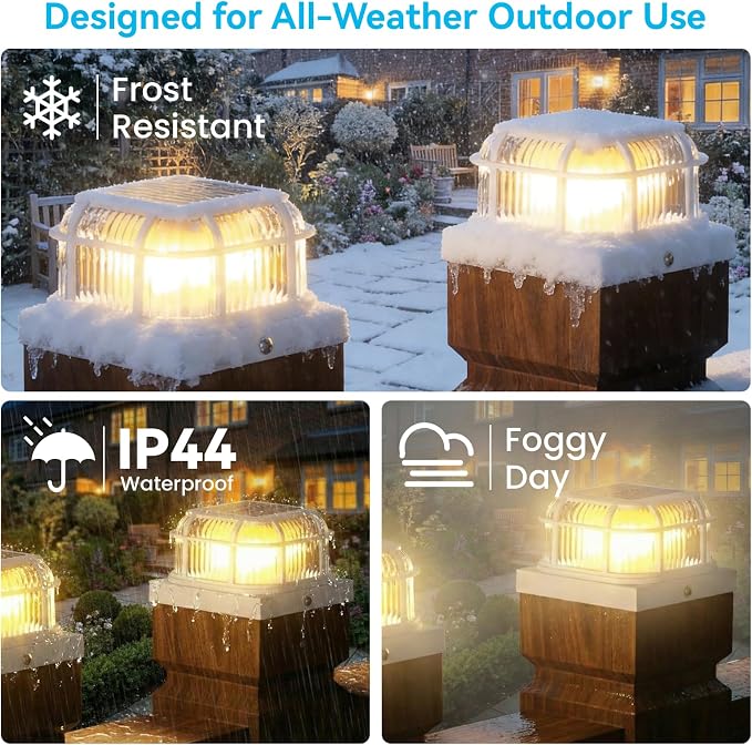 Solar Post Light 4 Packs with 4x4, 5x5 and 6x6 Inches Base for Vinyl/Wooden Posts, Bright 16 LEDs Solar Cap Lights with Two Light Modes for Decorating Deck, Patio, Porch, Fence (White)