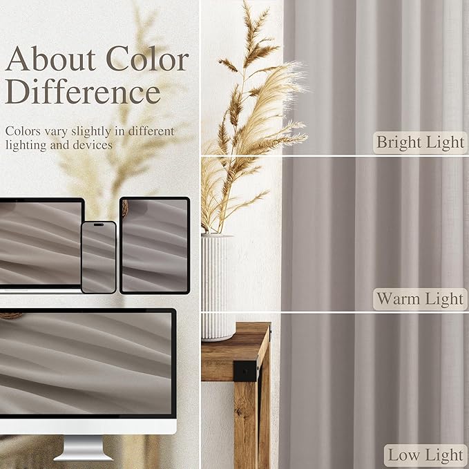 Nanspring Stone Grey Linen Curtains 102 Inches Long for Living Room Simple Modern Light Filtering Semi Sheer Curtain Back Tab and Rod Pocket Neutral Luxury Drapes for Bedroom Office 52x102, 2 Panels