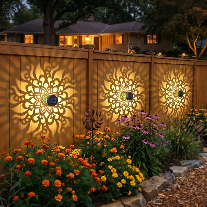 Solar Fence Lights 4 Pack Outdoor Deck Step Wall Lights Metal Waterproof LED Warm Yellow Light for Garden Post Patio Backyard Yard Decor (Mandala-2, 4)