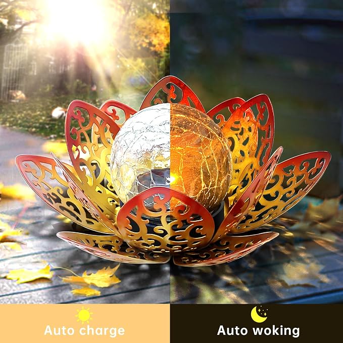 2 Pack Solar Garden Decor Lights Outdoor, Decorative Lotus Flower Solar Lights with Crackle Glass Globe, Waterproof Metal Solar Lights for Patio Yard Lawn Walkway Garden Decor