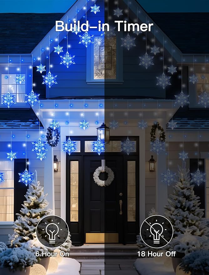 Christmas Snowflake Lights Outdoor,8.2 FT 144 LED Snowflake Icicle Lights with 12 Drops,8 Modes Timer Waterproof Connectable Xmas Light for Eaves,Windows,Curtain,Indoor Outdoor(Blue White)