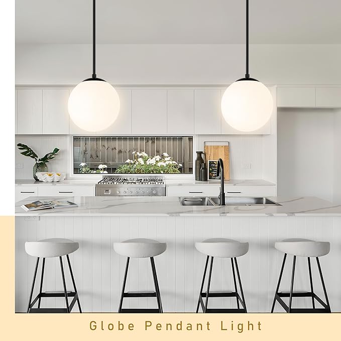 Bagood 10" Globe Pendant Light Black 2 Pack Mid Century Pendant Light Globe Pendant Lights Kitchen Island Matte Black Finished with Milk Glass Adjustable Ceiling Light Fixtures for Dining Room Bar