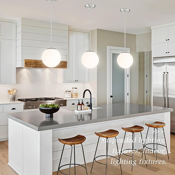 Bagood 10 Inch Globe Pendant Light Nickel Globe Pendant Lights Kitchen Island Mid Century Light Fixture with Milky White Glass Contemporary Adjustable Hanging Lights for Dining Room (Bulb Included)