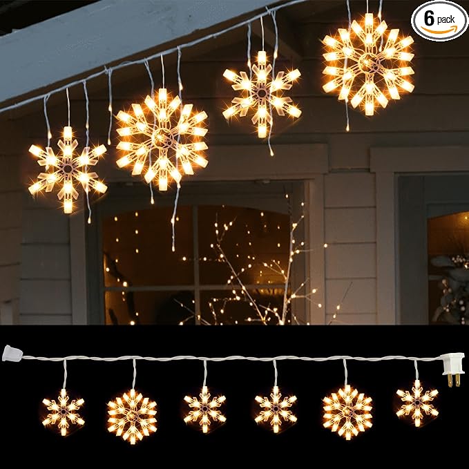 8.5 FT Snowflake Lights with 6 Drops, 100 Counts Clear Blubs Christmas String Lights, Plug in & Connectable Icicle Fairy Curtain Light Set for Xmas Home Indoor Outdoor Party Wedding Decorations
