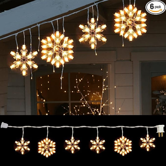 8.5 FT Snowflake Lights with 6 Drops, 100 Counts Clear Blubs Christmas String Lights, Plug in & Connectable Icicle Fairy Curtain Light Set for Xmas Home Indoor Outdoor Party Wedding Decorations