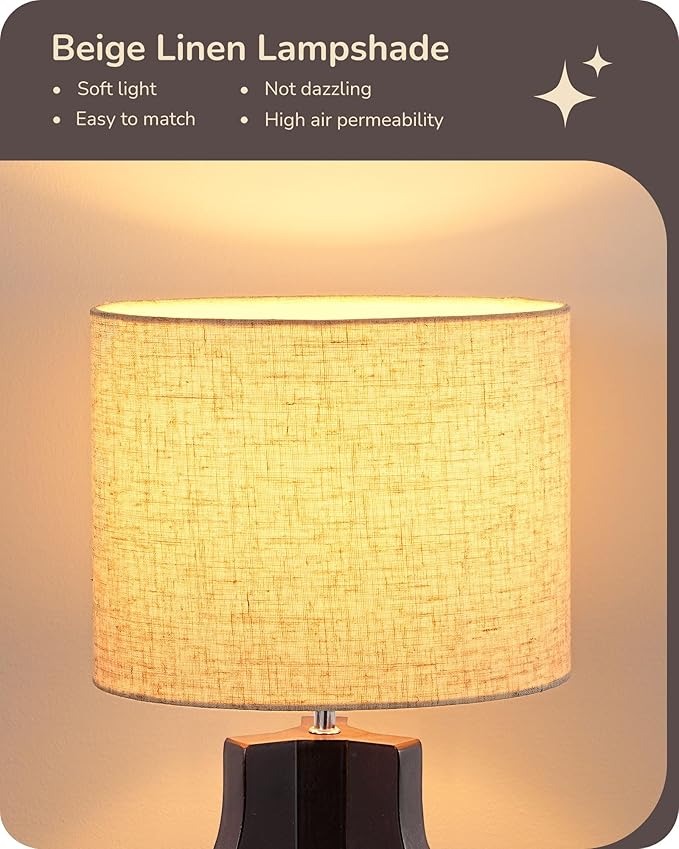 EDISHINE 14.6" Small Table Lamp, Walnut Wood Tripod Nightstand Lamp for Bedroom, Beige Linen Shade, Cute Bedside Lamp for Living Room, Bedroom, On-Off Line Switch, E26 Base(Bulb Not Included)