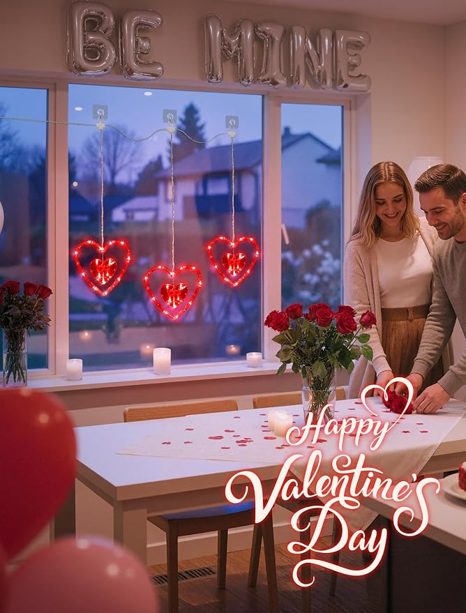 Valentines Day Window Lights,45LED Love Hearts String Lights for Bedroom,Timer Memory Hanging Curtain Light 8 Mode,USB/Battery Operate Valentines Light for Wedding Anniversaries Party(Red)