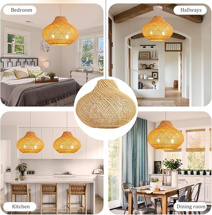 2-Light Rattan Pendant Light,14.96" Hanging Light,Round Wicker Pendant Light Hand-Woven Rattan Chandelier for Workplace Dining Living Bedroom Kitchen Farmhouse 1-Pack