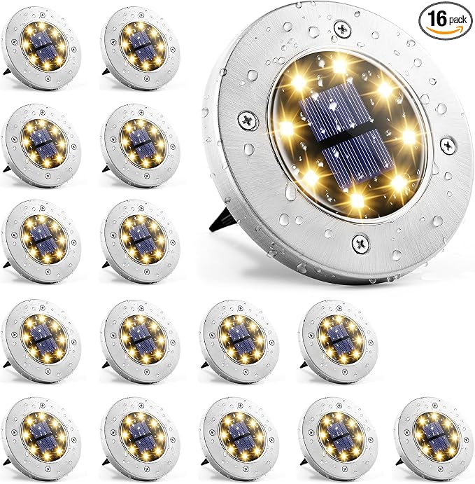 GIGALUMI Solar In-Ground Fence Lights - No-Drill Fence Lighting Solution, Waterproof Perimeter Lights Compatible with Wood, Metal & Concrete Fences (16 Pack Warm White)
