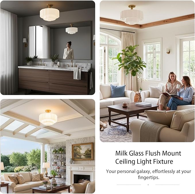 Milk Glass Ceiling Light Fixture - 13.7'' Antique Gold Semi-Flush Mount Ceiling Light for Bedroom, Foyer, Living Room, Bar Counter, Includes 3X E12 Bulbs (White 13.7 inch)
