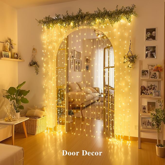 JMEXSUSS 200 LED Curtain Lights Battery Operated & USB Plug in, 8 Modes Warm White Curtain Hanging String Lights Indoor Outdoor for Bedroom Backdrop Wall Dorm Wedding Party Patio Christmas Decorations