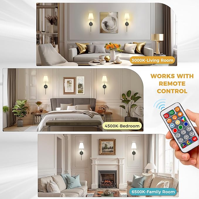 DORESshop Battery Operated Wall Sconce Set of 2, Wireless Wall Light Easy to Install, 7 Color Rechargeable Wall Sconces, Sconce Wall Decor Set of 2 for Bedroom, Living Room, Black and Chrome, 24.6in