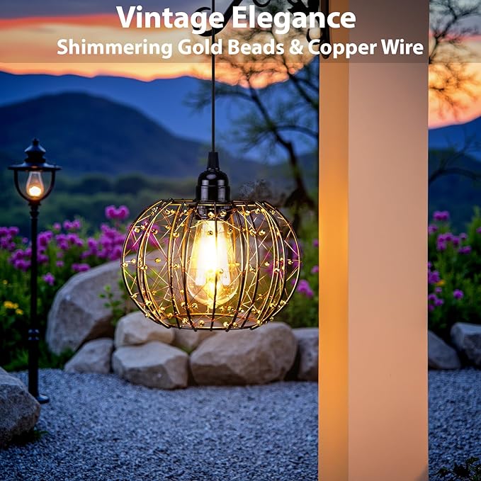 Battery Operated Hanging Outdoor Chandelier, Battery Operated Gazebo Pendant Light Outdoor Waterproof, No Wiring, Powered by 4 AA Batteries, for Gazebo, Porch, Pergola, Decor Lighting (2)