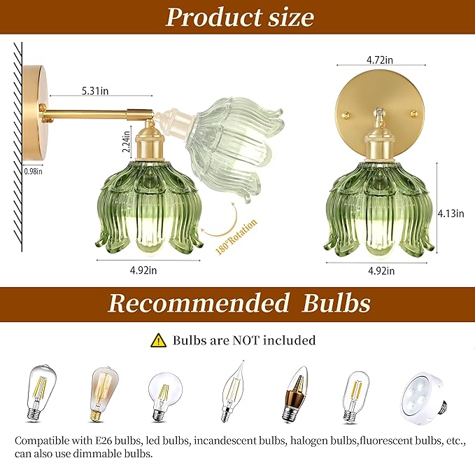 Wireless Wall Sconce with Flower lampshade, Battery Operated Wall Lights,Wall lamp with 15 Colors for Bedroom Living Room Home Decor (Green, 1 Light Battery Operated)