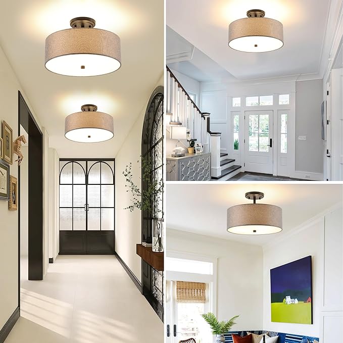 13.8 Inch Semi Flush Mount Ceiling Light Fixture, 3-Light Modern Farmhouse Drum Pendant with Fabric Shade for Bedroom Hallway Entryway Living Room (Gray+Black)