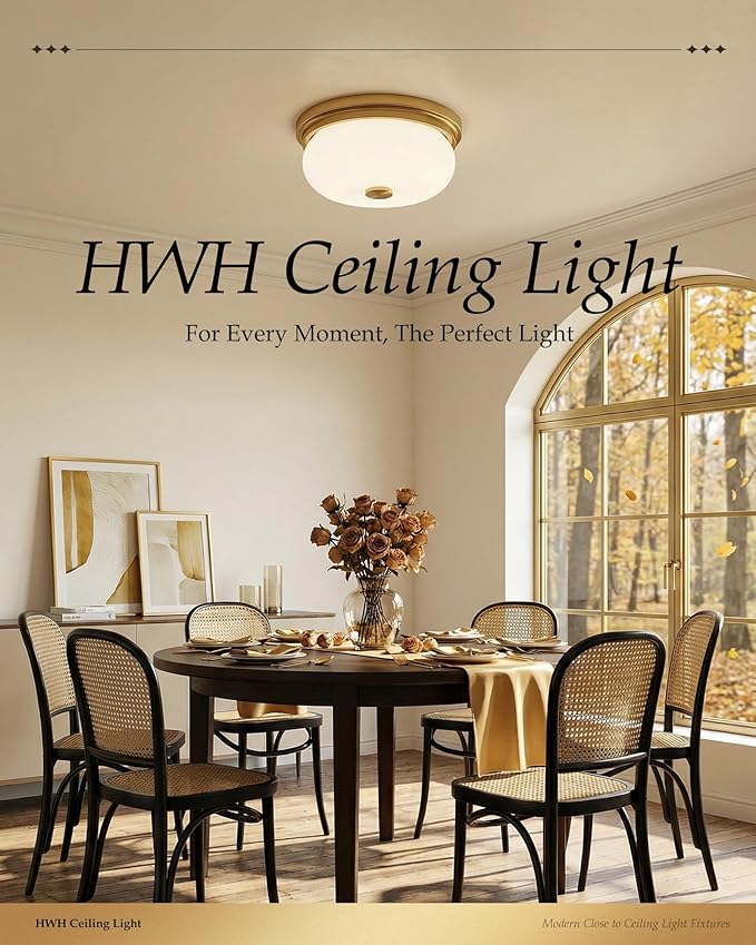 Gold Flush Mount Ceiling Light, HWH Modern Flush Mount Ceiling Light Fixtures with Milk White Glass, 12 Inch Indoor Ceiling Light for Hallway Corridor Kitchen, 5HJX109F BG-MW