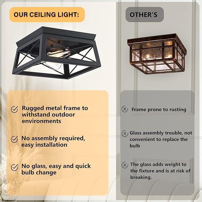 Pia Ricco Flush Mount, Modern Industrial Square Ceiling Light for Outdoor Porch, Indoor Kitchen, Hallway, Entry - Black Rustic Style, 2-Light