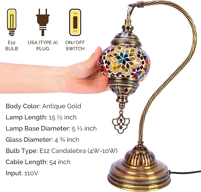 Turkish Moroccan Mosaic Table Lamp - Tiffany Handmade Colorful Mosaic Lamp, Decorative Glass Antique Bohemian Vintage Lamp Shade, Swan Neck Bedside and Table Desk Lamp,15 ½ inch