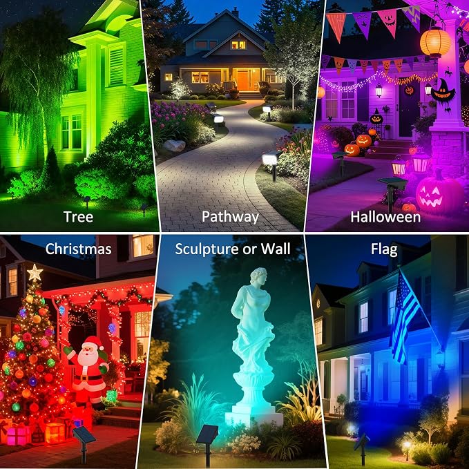 T-SUNUS Solar Spotlights Outdoor Waterproof IP65, 10 LED RGB Color Changing Landscape Lights, 7 Modes with Auto On/Off, Solar Uplights for Garden Yard Pathway Patio Christmas Halloween Decor, 6 Pack