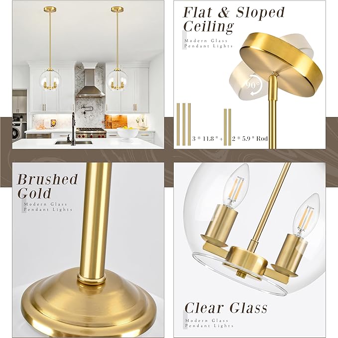 10" Gold Pendant Lights Glass Globe Pendant Light Fixture Bedroom Mid Century Modern Pendant Lighting Brass Pendant Light for Kitchen Island Bedroom Living Room Dinning Room (Bulb Incl.)