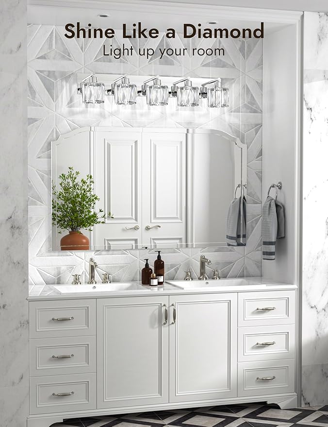 VOLISUN Crystal Vanity Lights for Bathroom, 5 Light Modern Stainless Steel Bathroom Light Fixtures Over Mirror, Chrome with Glass Lampshade - UL Certificated (Exclude Bulb)