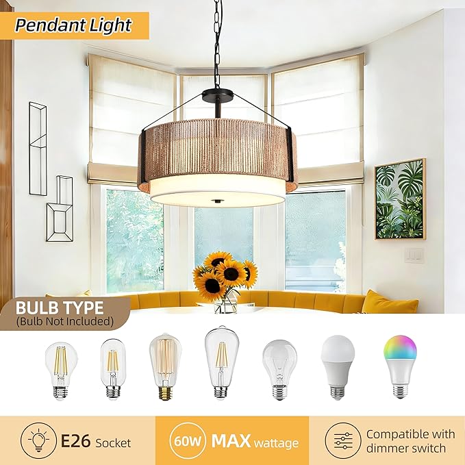 19.7" 4-Light Boho Pendant Light Fixture Rattan Chandelier, Hand Woven Farmhouse Chandelier for Dining Room Pendant Light for Kitchen Island, Bedroom, Dining & Living Room