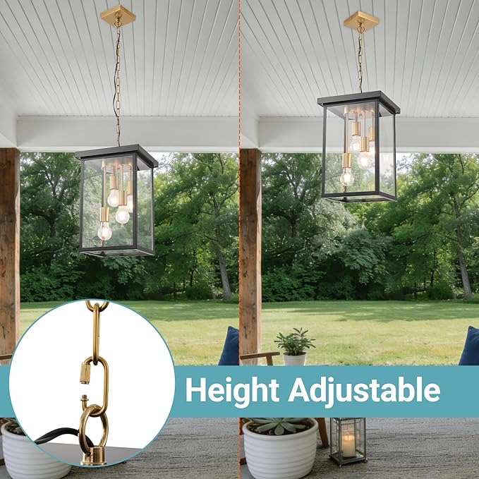 LOUSACE 16.7'' Outdoor Pendant Light for Porch, 4-Light Large Exterior Pendant Porch Lights with Clear Glass, Black & Brushed Brass Outdoor Chandelier Exterior Haninging Light Fixtures for Entrance