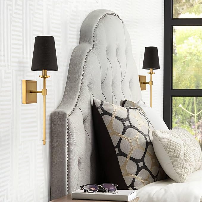 Kira Home Torche 20" Mid Century Modern Wall Sconce with Tapered Black Linen Shade, Candle Wall Light with Elongated Tail, Warm Brass Finish