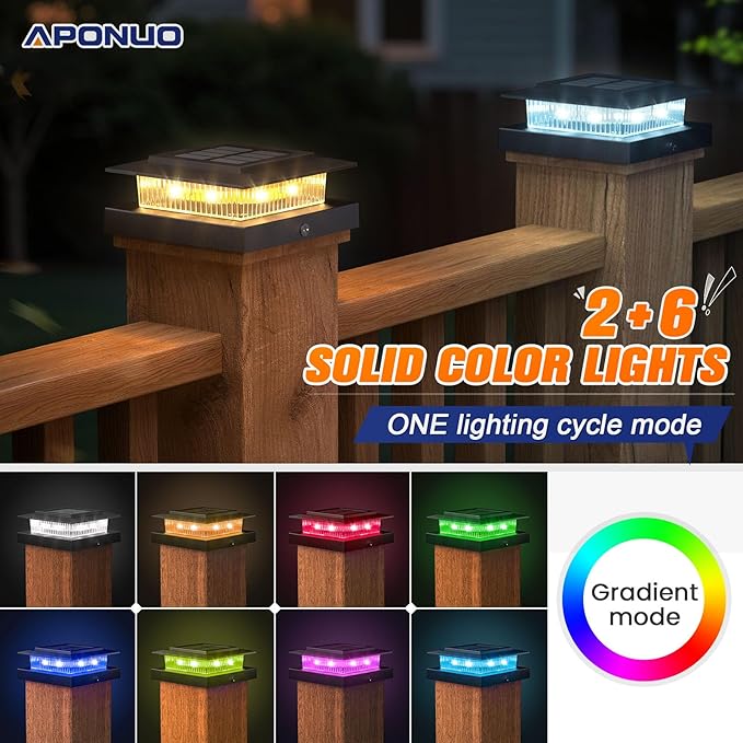 APONUO 12 Pack Solar Post Cap Lights Color Changing - 8 Solid Colors & Flowing Multicolor, IP65 Waterproof for 4x4 Wood/Vinyl Posts, Auto On/Off Deck Fence Patio Garden Lighting, Black