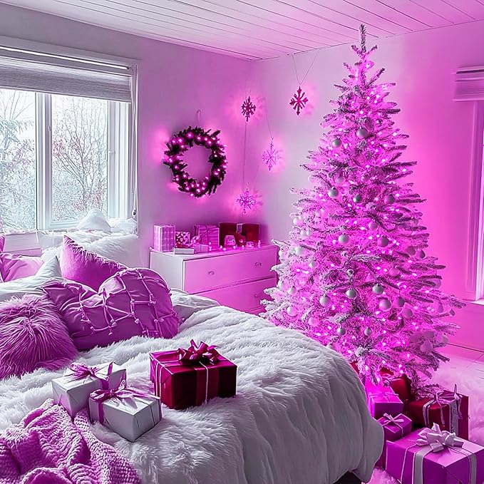 JMEXSUSS Connectable 100 LED Pink Christmas Lights, 33ft 8 Modes Room Lights Clear Wire, Plug in Pink String Lights Indoor Outdoor for Room Decor Christmas Tree Bedroom Valentines Party