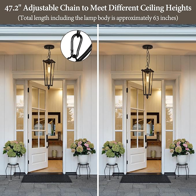 Outdoor Pendant Lights for Porch, 16" Black Outdoor Pendant Light with Clear Glass, Modern Hanging Porch Lighting Fixtures with Adjustable Chain for Gazebo Foyer, OS-OD2615-1HM