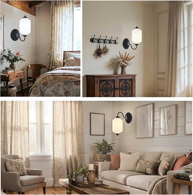 LOUSACE Antique Wall Sconce with Milk White Glass Shade, Vintage Wall Light Fixture, Mid Century Restro Bathroom Vanity Light, Indoor Wall Lighting for Bedroom Living Room Hallway (Bulbs Included)