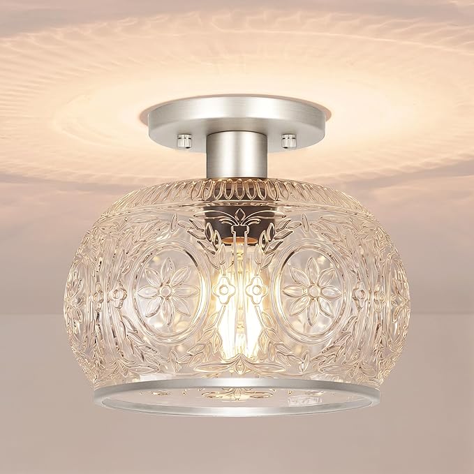 Brushed Nickel Semi Flush Mount Ceiling Light, Vintage Hallway Ceiling Light Fixture with Globe Glass, Small Overhead Light Fixtures Ceiling Mount for Kitchen, Bathroom, Small Bedroom