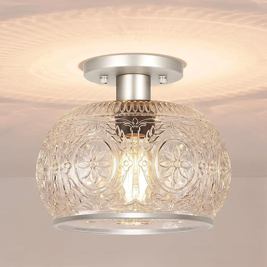 Brushed Nickel Semi Flush Mount Ceiling Light, Vintage Hallway Ceiling Light Fixture with Globe Glass, Small Overhead Light Fixtures Ceiling Mount for Kitchen, Bathroom, Small Bedroom