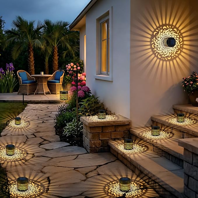 Forlivese 4 Pack Solar Powered Fence Lights, Metal Mandala Solar Lights Outdoor, LED Hanging Solar Mandala Lights Garden Decor for Yard, Porch, Backyard, Patio, Front Door, Warm White
