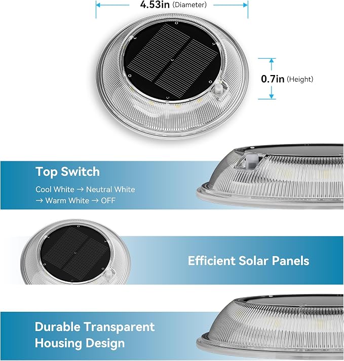 T-SUN Solar Dock Lights Driveway Deck Lights, 3 Color Modes Solar Powered Outdoor Waterproof LED Driveway Marker Lights for Step, Pathway, Sidewalk, Garden, Stair, Yard(6 Packs)
