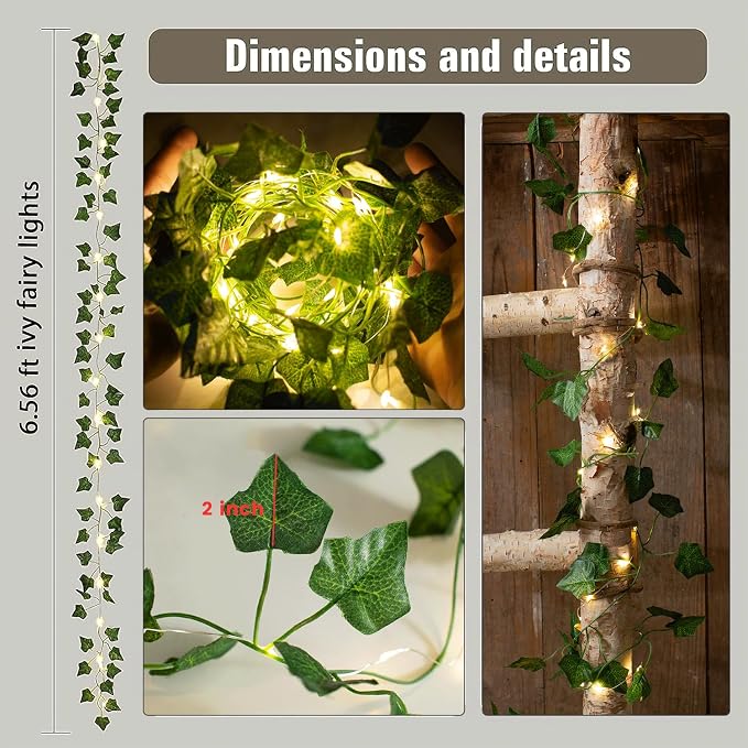 2 Pack 6.56 Ft Green Ivy Leaves Fairy String Lights Battery Operated, 40 LEDs Battery Powered Artificial Garland Plant Vine Fairy Light for Bedroom Wedding Party Holiday Patio Decor（Warm White）