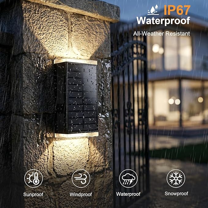 Solar Wall Light Outdoor,3000/4500/6000K/RGB 13 Modes Dusk to Dawn Wall Lighting Solar Sconce Lights IP67 Waterproof Up and Down Solar Lights Outdoor for House, Yard ,Garage, Porch,Fence,Patio(1PCS)