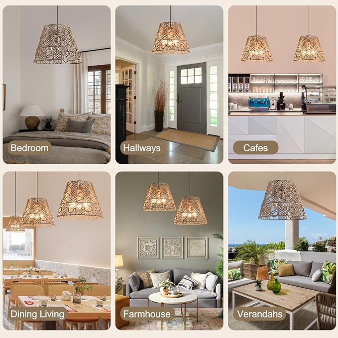 18.11" Rattan Pendant Light,Boho Hand Woven Wicker Hanging Light 3-Light Seagrass Rattan Chandelier for Dining Living Bedroom Sand Black Metal