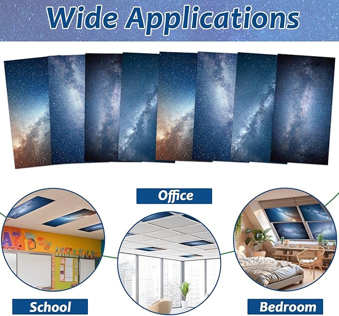 8 Pcs Fluorescent Light Covers with 80 Magnets Decorative for Classroom Ceiling Light 4 x 2 Feet Magnetic Light Covers Filter Easy Install for Office Hospitals & Home Drop Ceiling Supplies (Galaxy)