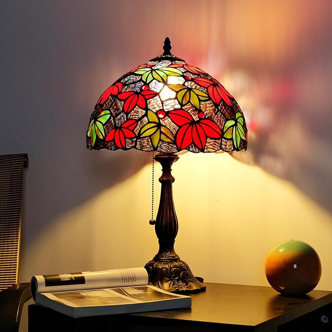 Tiffany Style Stained Glass Table Lamp, Maple Leaf Desk Light with Antique Bronze Resin Base, Multicolor Reading Lighting for Bedroom, Living Room, Office 12”X12“X19 (Maple-Purple Blue)