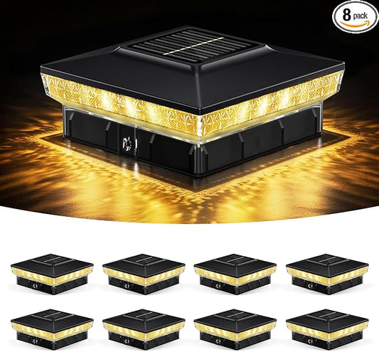 KEILAIMO Solar Post Cap Lights 8 Packs for 4x4 Wooden/Vinyl Posts, IP65 Waterproof Fence Post Solar Lights with Warm/Cool/Neutral Lighting, Outdoor Post Lights for Garden, Patio, Porch- Black