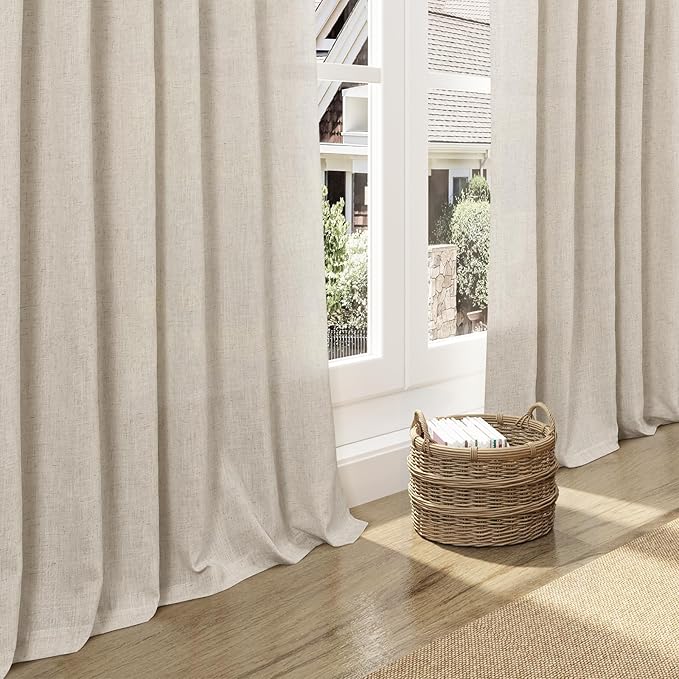 Nanspring Boho Curtains 90 Inches Long for Living Room Linen Light Filtering Semi Sheer Curtain Back Tab and Rod Pocket Eclectic Home Decor Elegant Modern Drapes for Bedroom Office 52x90, 2 Panels