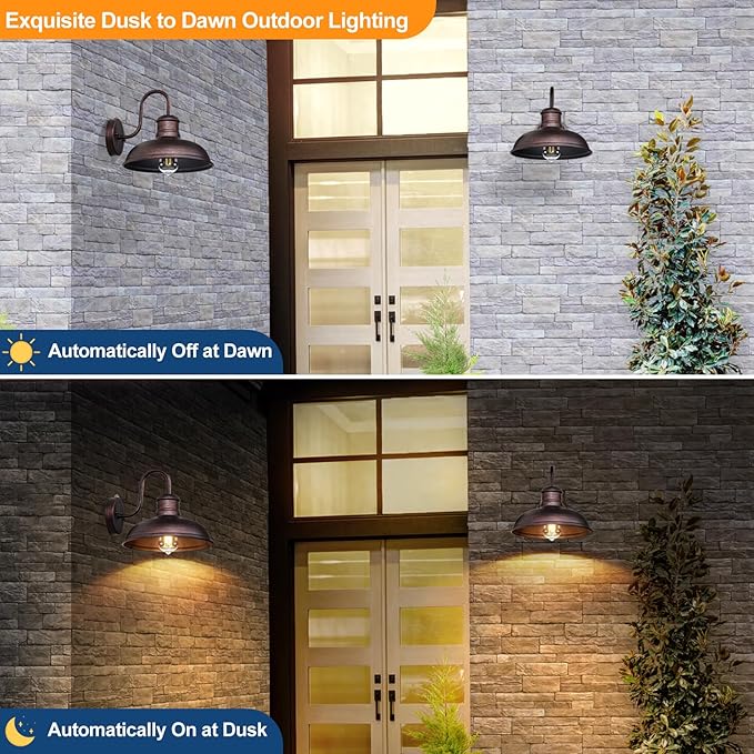 TOBUSA 2-Pack Dusk to Dawn Outdoor Wall Lights, Exterior Farmhouse Gooseneck Barn Light, Vintage Outside Wall Mount Light Fixture, Waterproof Outdoor Light for House Porch Garage, Distressed Brown