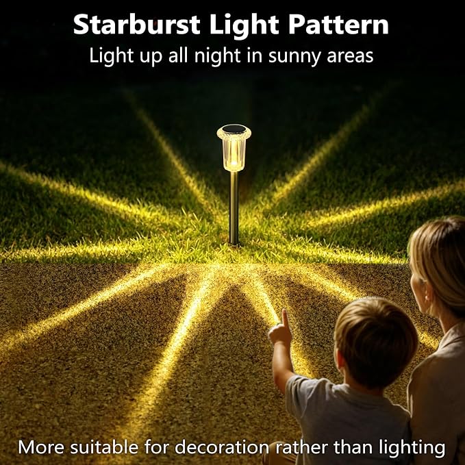 DenicMic Solar Garden Lights Outdoor 15Pack 3000K Warm White LED Waterproof | Backyard Patio Landscape Pathway Garden Decor for Outside Diamond-like Style Starburst Light Pattern, Acrylic/Stainless Steel