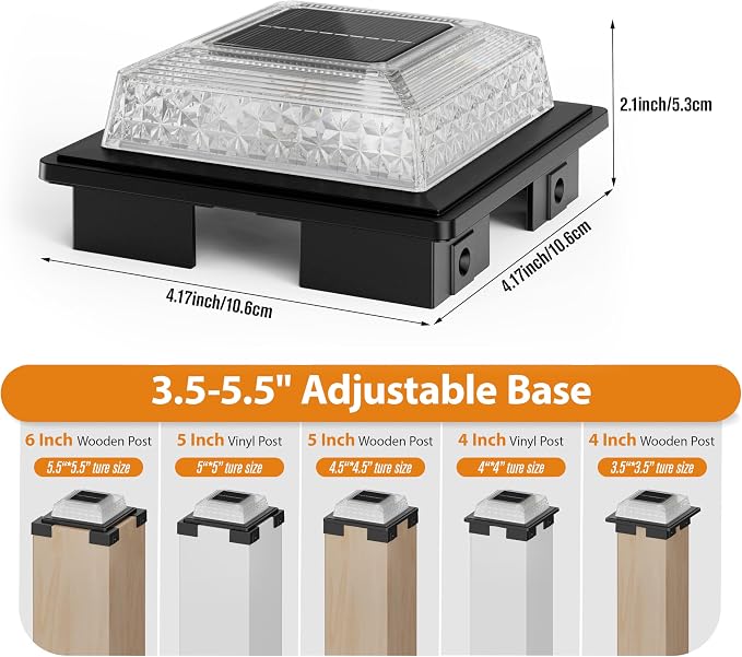 APONUO Solar Post Cap Lights, 3 Color Modes & 2 Brightness, Adjustable Base Fits 4x4 5x5 6x6 Posts (3.5-5.5 Inch), IP65 Waterproof, Deck & Fence Post Lights Solar Powered with Screws, Black, 12 Pack
