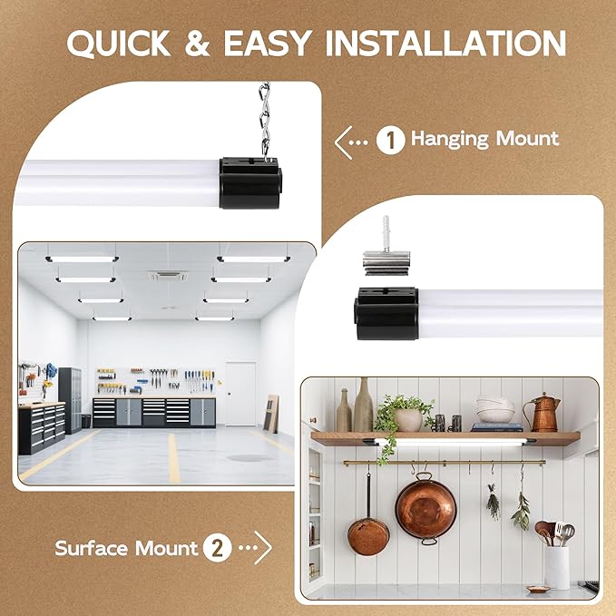 hykolity 4 Pack 2FT LED Shop Lights, 22W (200W Equivalent) 2400LM, 5000K Daylight White, Linkable Garage Light for Ceiling, Workshop, Basement, Hanging or Surface Mount with Plug,Black - ETL